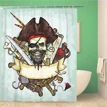 

Bathroom Shower Curtain Tattoo Pirate Skull Space Collection Adventure Retro Caribbean Cross Polyester Fabric 72x78 inches