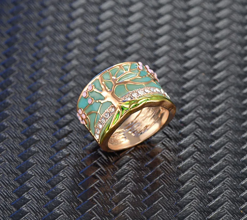 Surhel Lucky Flower Tree Rings Gold Pink Opal Green Enamel Wide Ring for Woman Party Crystal Vintage Jewelry