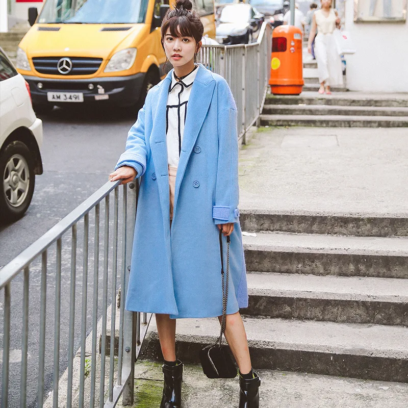 Comprare Inverno Solido Doppio Petto Misto Lana Cappotto E Giacca Tasche Gira giù il Collare Delle Signore Cappotti Casual Blu Delle Donne Lungo cappotti