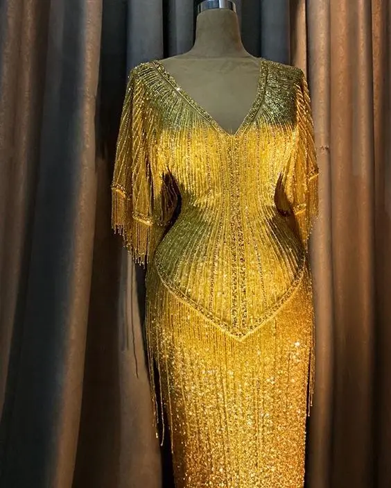 

Prom Dress 2020 Mermaid Elegant Sleeveless Golden Sequined Tassel Plus Size African Formal Night Party Evening Gowns Arabic