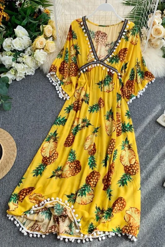 new fashion women's Beach holiday beach feminine deep V-neck pineapple print dress