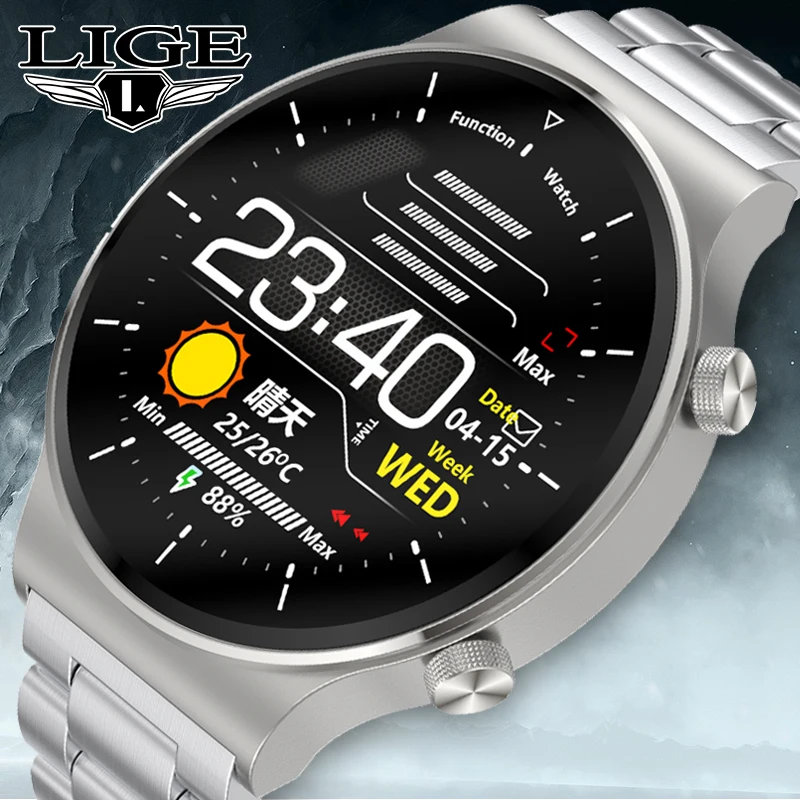 LIGE Steel Band Smart Watch Men Heart Rate Blood Pressure Sport Weather