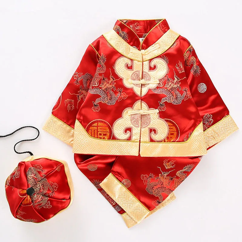 Детский костюм с вышитым драконом для девочек; Традиционный китайский комплект одежды для маленьких мальчиков с шапочкой - Цвет: Color