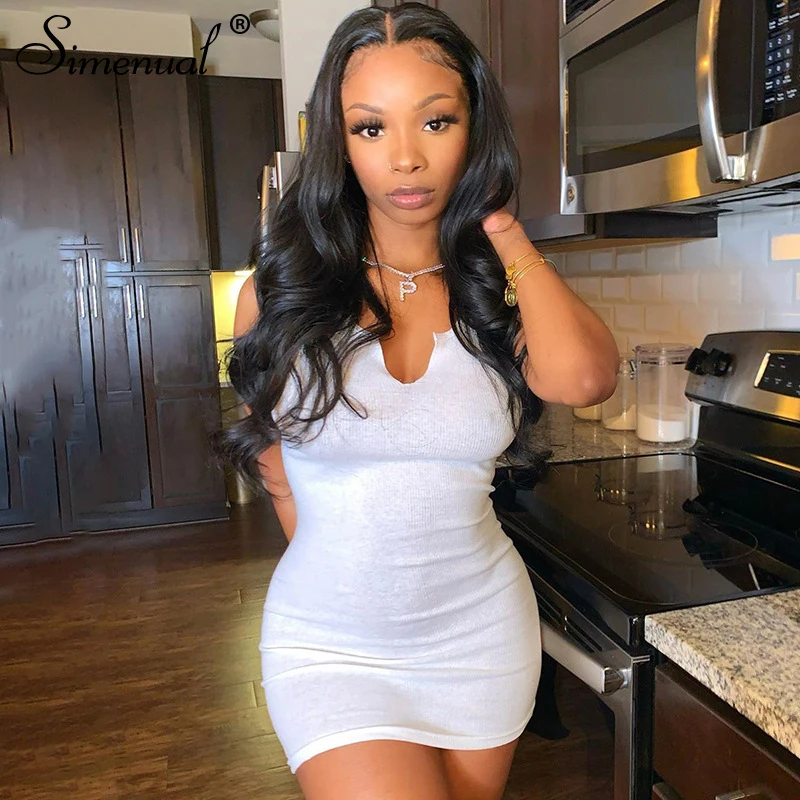 Simenual V Neck Ribbed Sleeveless Women Bodycon Dresses Fashion Solid White Skinny 2020 Summer Party Club Mini Dress Female Hot Simenual V Neck Ribbed Sleeveless Women Bodycon Dresses Fashion Solid White Skinny 2020 Summer Party Club Mini Dress Female Hot
