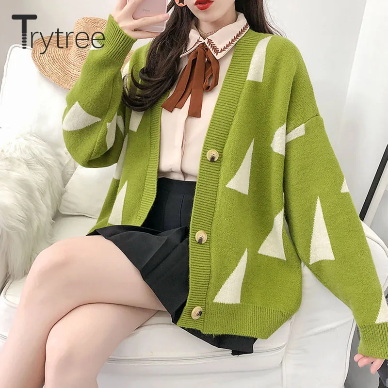 

Trytree Autumn Winter Women Casual Sweater Button V-Neck Single Breasted Cardigans Button Computer Knitted Geometric Sweater Top