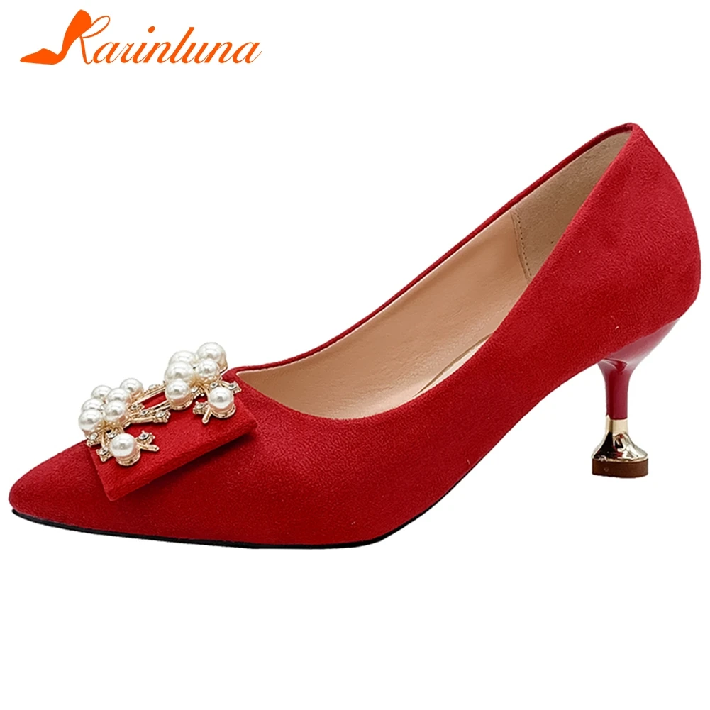 

KARINLUNA New Fashion Pearl Ladies 2020 Party Sexy Red Pumps Shallow Pointed Toe Wedding Pumps Women High Heels Shoes Woman
