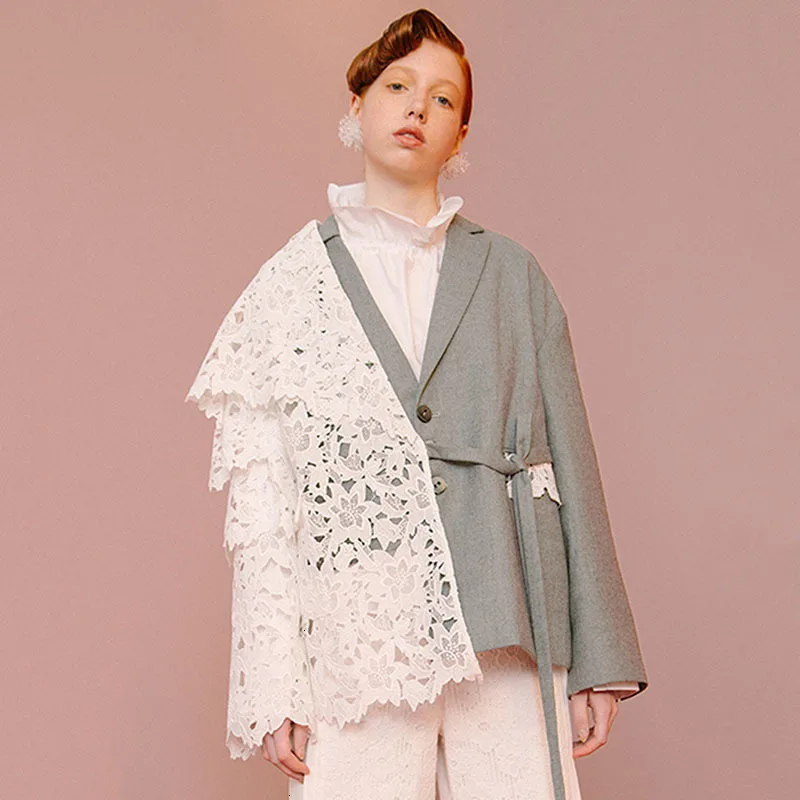 TVVOVVIN, свободный крой, контрастный цвет, кружево, большой размер, куртка, новинка, с отворотом, длинный рукав, Женское пальто, модное, Осень-зима, 2019X510