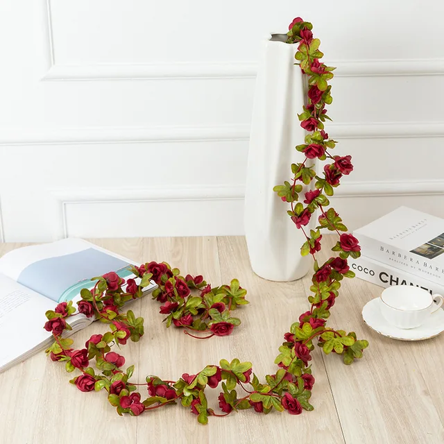 250CM Rose Artificial Flowers Christmas Garland for Wedding Home Room Decoration Spring Autumn Garden Arch DIY Fake Plant Vine Burgundy