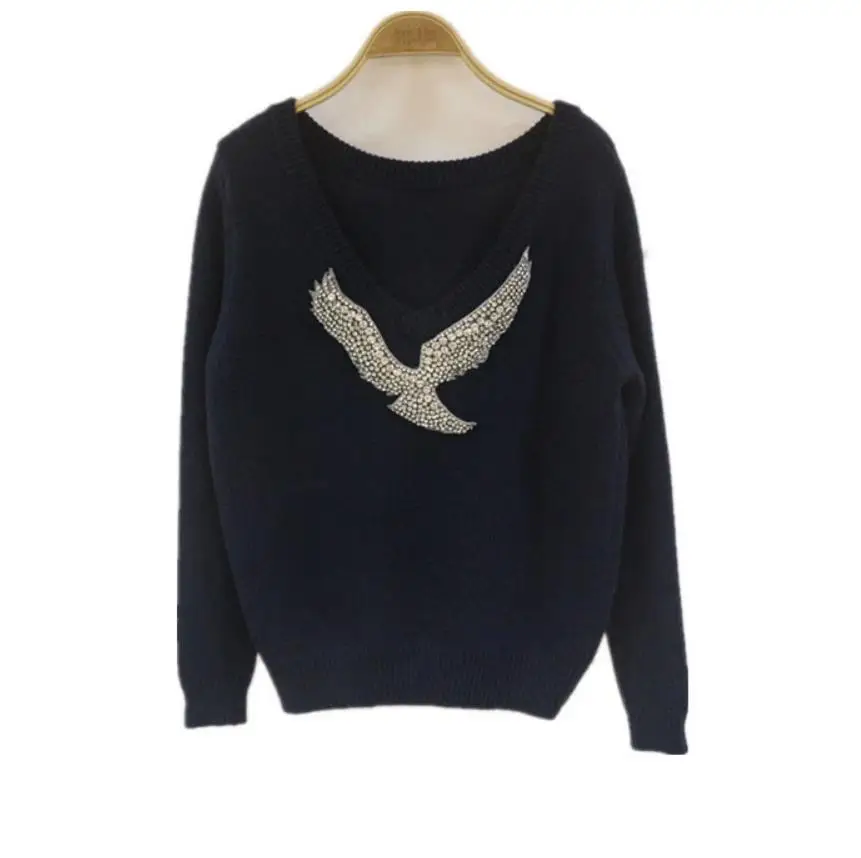 Зимний вязаный свитер Minkcashmere Eagle Cystal Diamond с v-образным вырезом+ теплые шерстяные штаны для отдыха Женский комплект из 2 предметов - Цвет: Черный