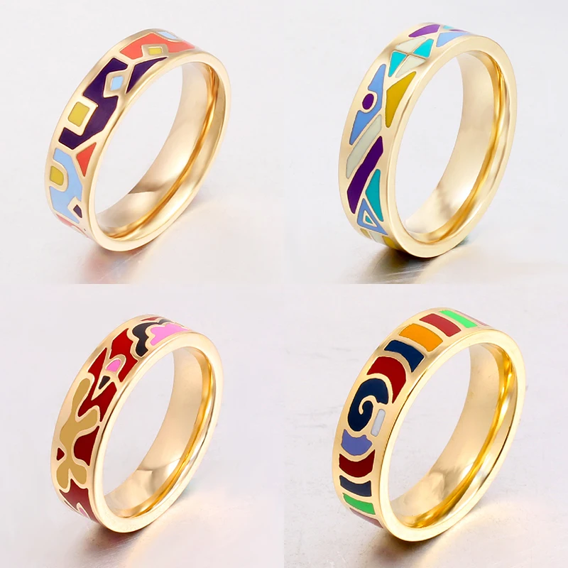 Women gilded stainless steel ring vintage face width 0.6mm costume enamel jewelry