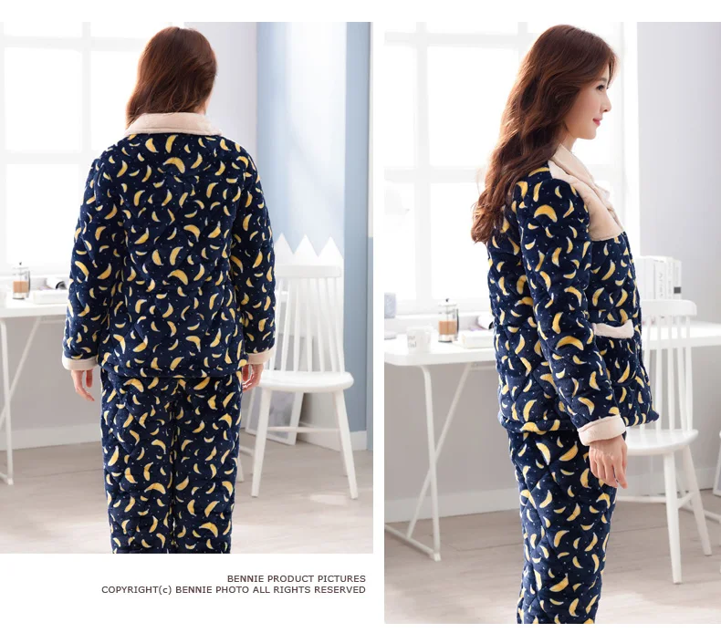 Новые зимние стеганые парные пижамные комплекты для женщин Фрукты Банан толстые теплые пижамы мужские Фланелевые с длинным рукавом брюки пижамы зимние