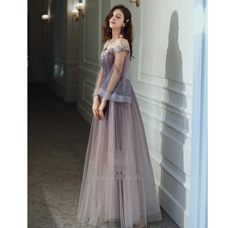 It's Yiiya Evening Dresses Purple Gradient Bling Evening Dress Elegant Boat Neck Long Party Gowns Appliques robe de soiree LF013