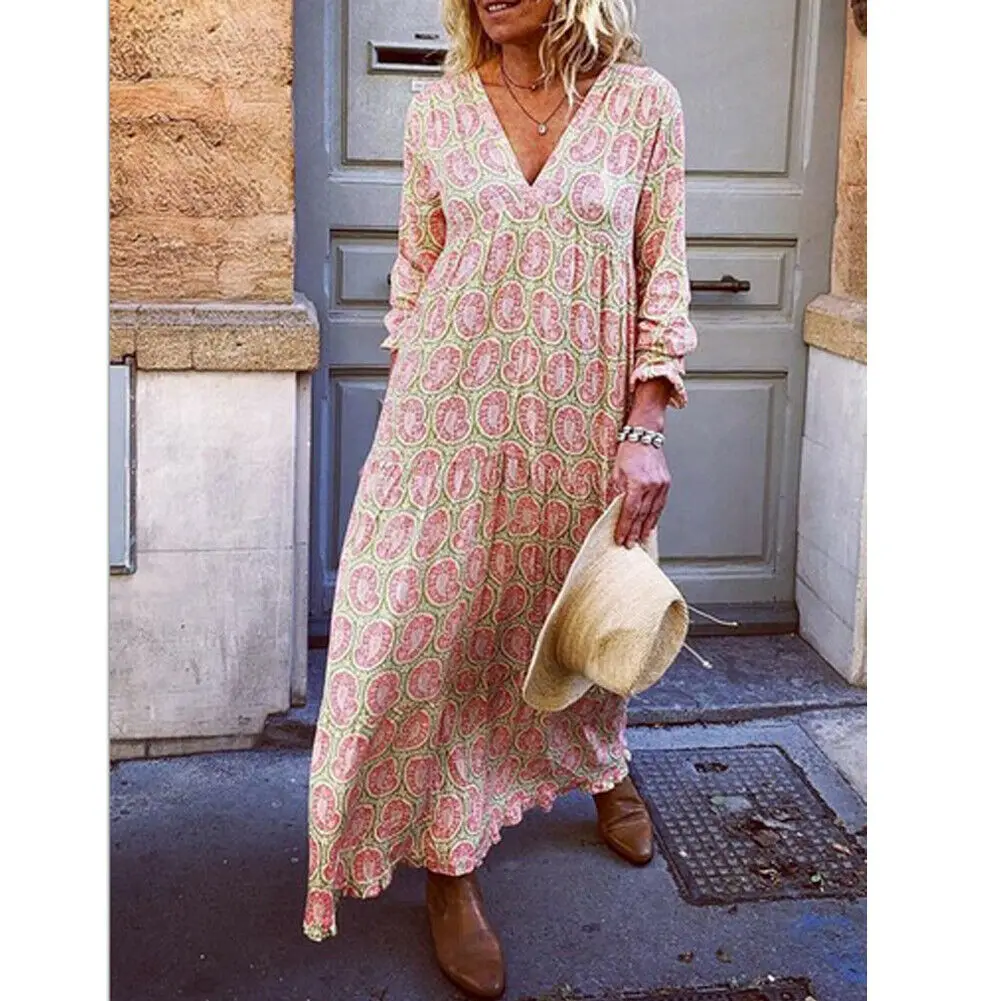 Fashion Women Boho Deep V Neck Floral Long Maxi Dress Tunic Beach Kaftan Holiday Club Casual Loose Dresses Sundress