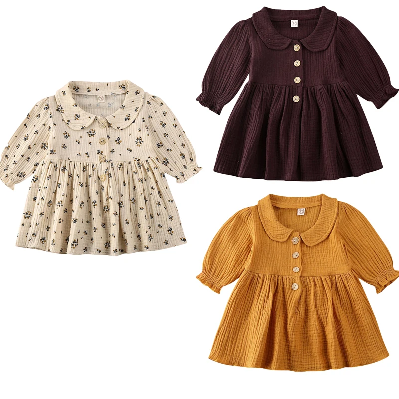 

0-4Y Vintage Toddler Baby Kid Girls Dress Flower Long Sleeve Ruffles A line Dress For Girls Autumn Spring Costumes