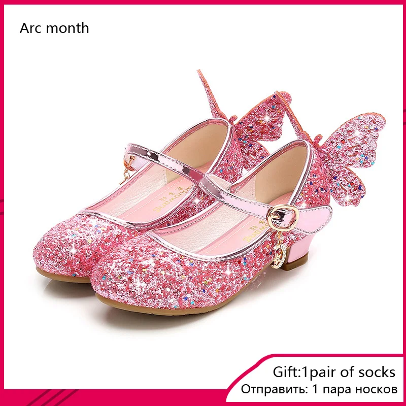 Zapatos de cuero de princesa para niñas, zapatillas de tacón alto informales con purpurina de flores, Nudo de mariposa, azul, rosa y plateado, 2020