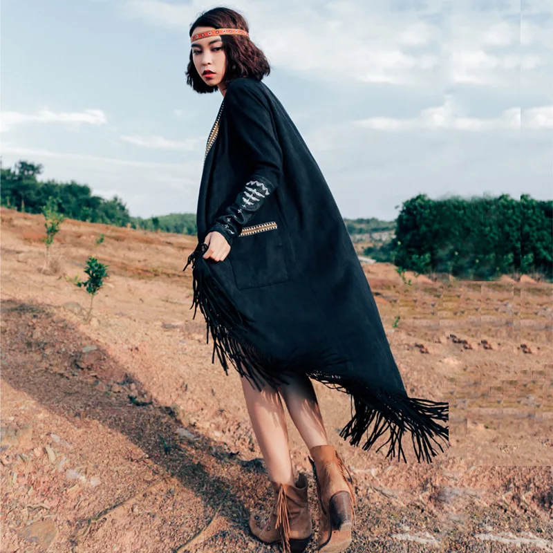 Тренч с кисточками Boho новые женские джинсовые куртки кардиган с длинными рукавами женское Осеннее Пальто Feminino Scraf National пальто LT130S30