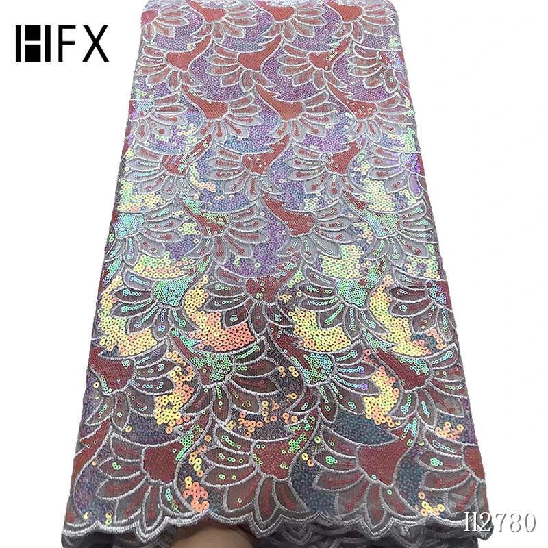 

HFX Latest African sequence Lace Fabric 2019 High Quality nigerian French Net With Sequins Embroidery Tulle Lace For Dress H2780