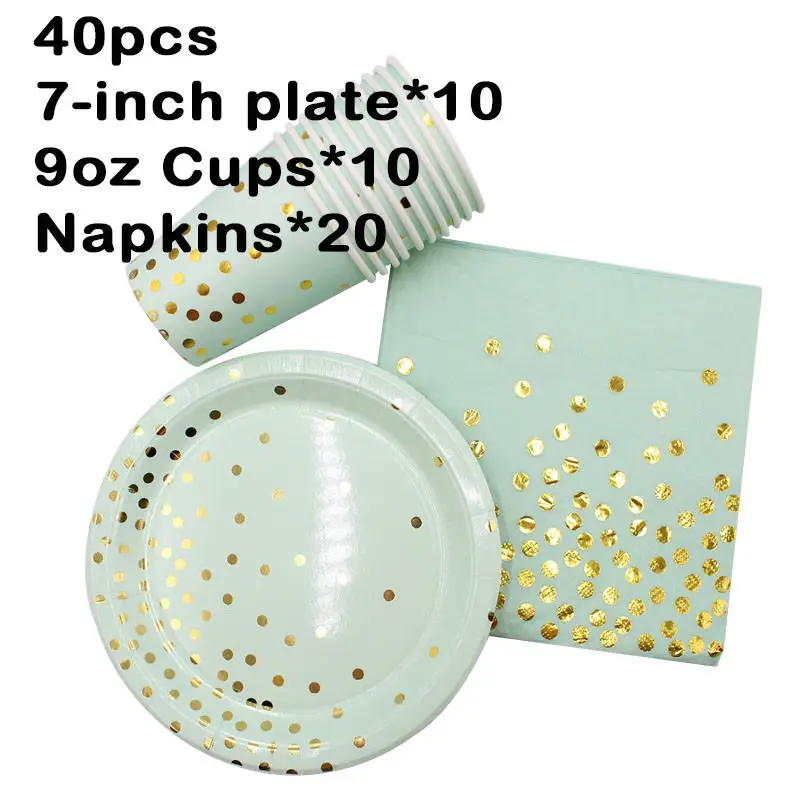 Set 1 40pcs Зеленые, золотые, зеленые салфетки для свадьбы, дня рождения, вечеринки, одноразовая посуда, чашки, тарелки, бумажные соломинки для детского душа, украшения для детей - Цвет: Set 1 40pcs