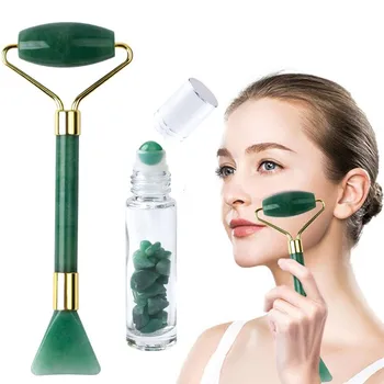 

Green Jade Roller Essential Oil Bottle Set Natural Quartz Massager Jade Mask Brush Facial Massage Nourish Skin Care Body Lifting