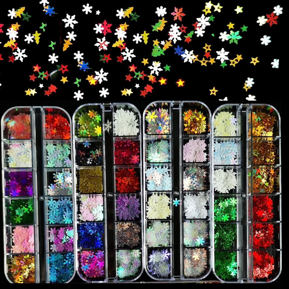 

12Girds/Box Mix Glitter Sequins Gold Foils Christmas Nail Art Resin Winter White Snow,Green Tree , Laser Nail Flakes Sequins PH1