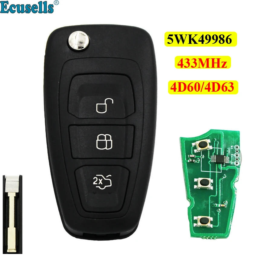 Откидной дистанционный ключ 3 кнопки для Ford Focus Mondeo C-Max 433 МГц с чипом 4D63 или 4D60 без
