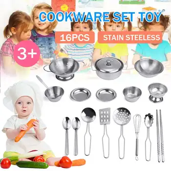 

16Pcs/Set Pretend Play Kitchen Cookware Set Stainless Steel Pots & Pans Bundle for Kids - Includes Utensils & Accessories