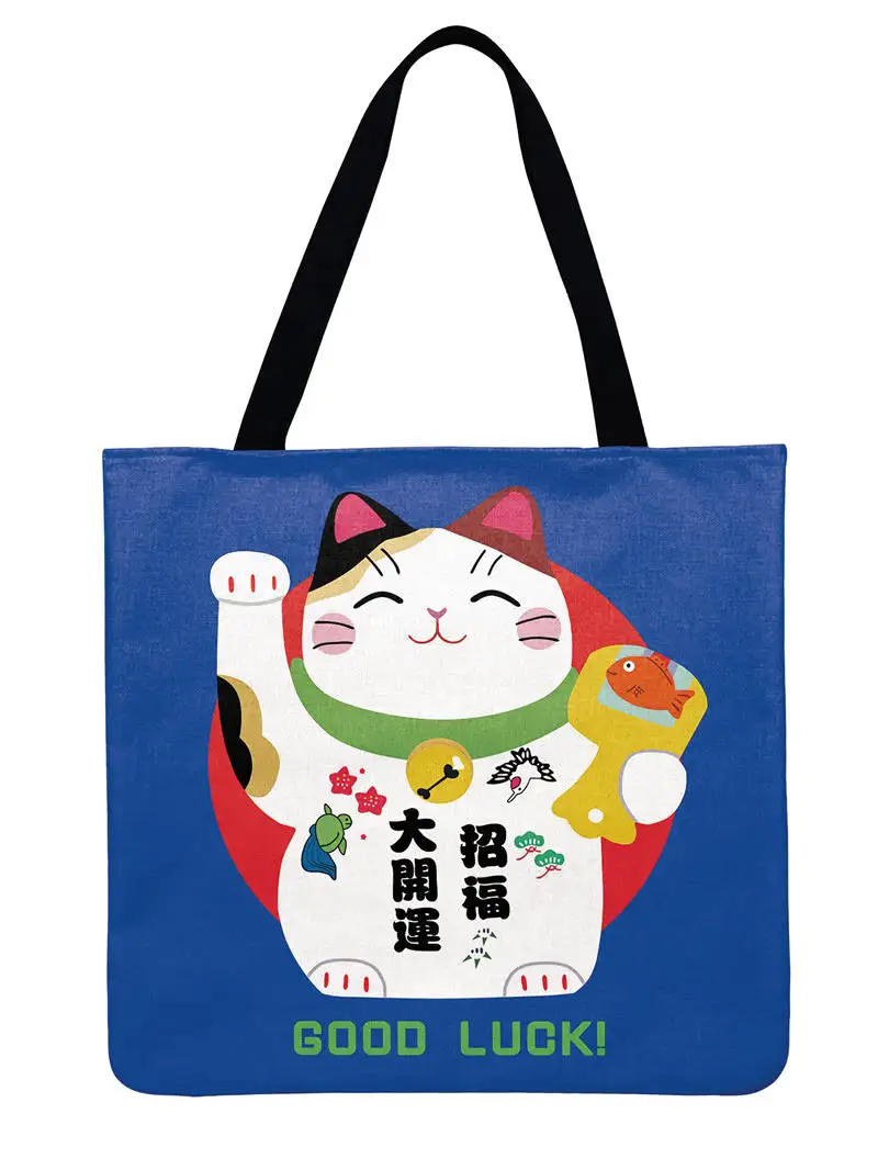 Японская Сумка-тоут с принтом счастливого кота, льняная Повседневная Сумка-тоут, складная сумка через плечо для покупок, многоразовая Женская пляжная сумка