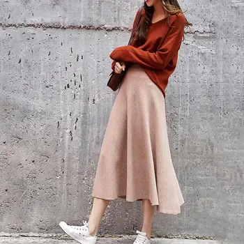 

Vintage Fall Winter Women Thick Sweater Umbrella Skirt High Waist Midi Knitted Skirt A-Line Female Elegant Skirt