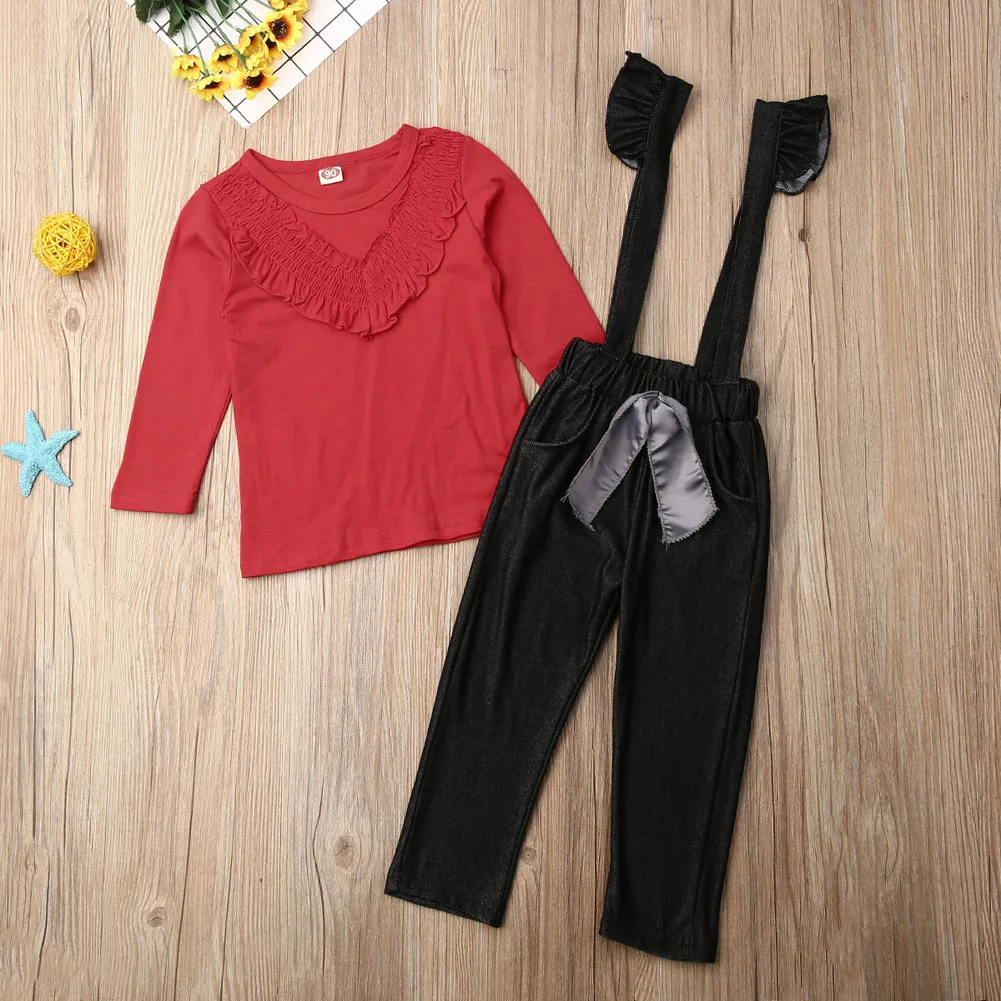 Комплекты из 2 предметов для маленьких мальчиков и девочек Однотонная футболка с длинными рукавами Топы+ комбинезон, штаны, комплект одежды, комплект одежды 1-6Y