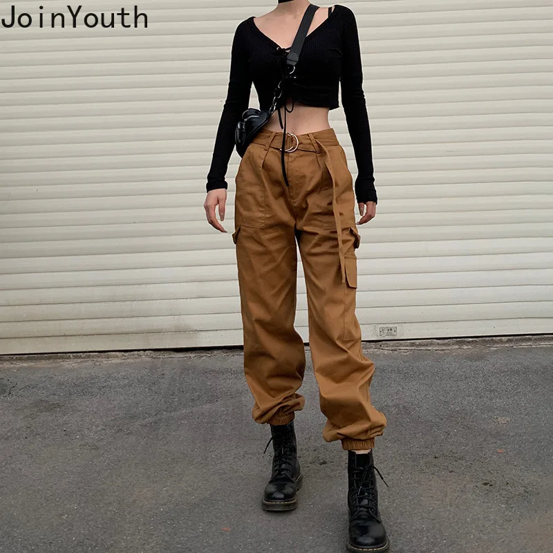 JoinYouth, уличная одежда, однотонные, с поясом, брюки-карго, для женщин, с высокой талией, с карманами,, весна-осень, Pantalones Mujer, новые, Ins, брюки J395