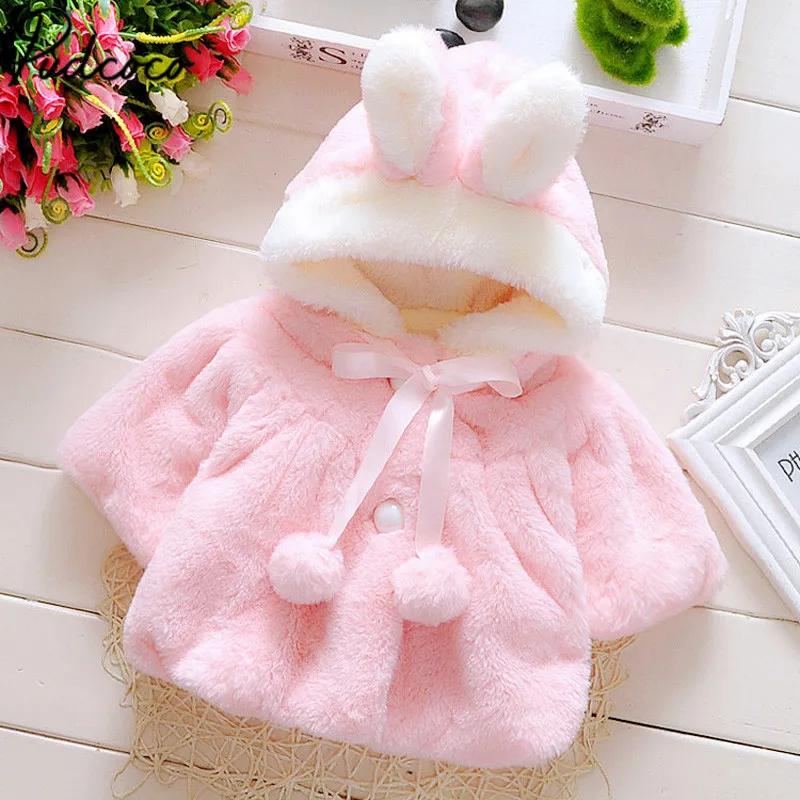Cute rabbit Winter Warm Top Newborn Kids Baby Girl Fur Coat Cloak Jacket Snowsuit Outerwear Clothes