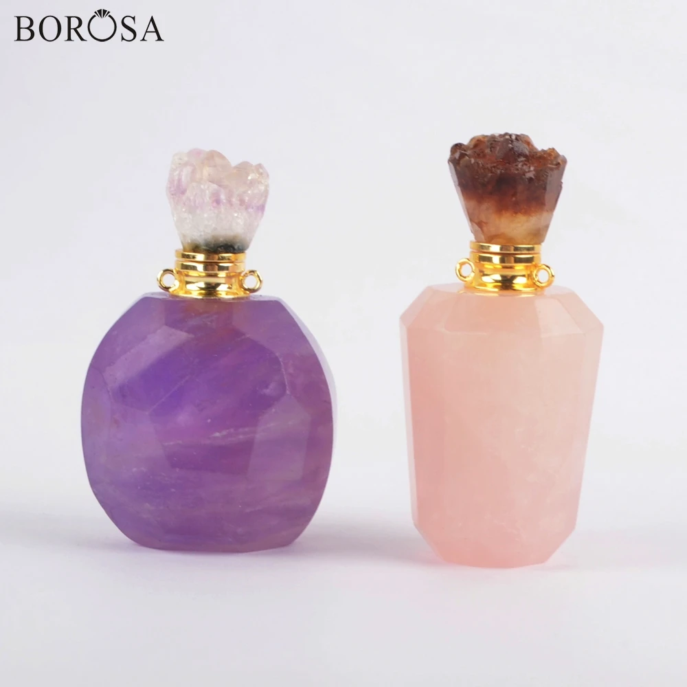 

BOROSA 2Pcs Gold High Quality Amethysts Rose Quartzs Natural Stone Perfume Bottle Connector for Necklace Jewelry for Lady WX1199