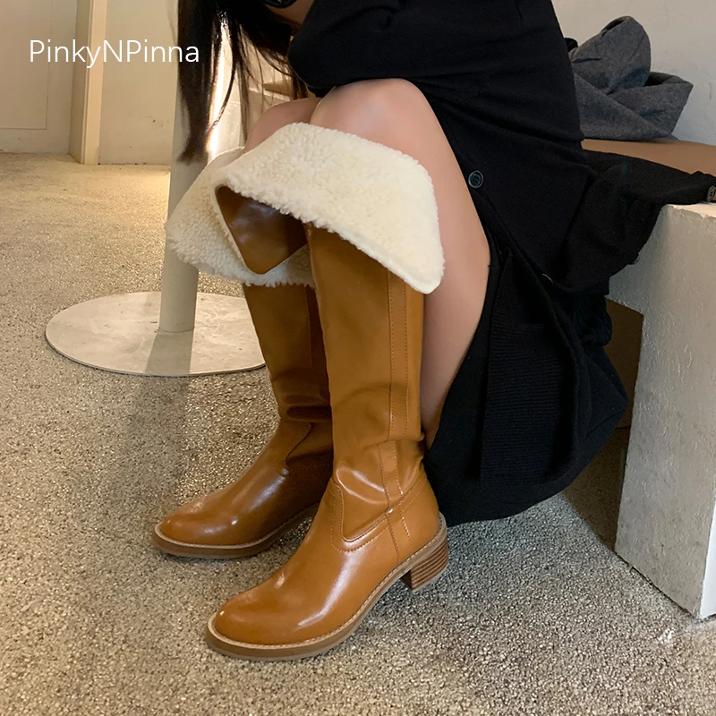 

winter genuine cow leather platform chunky high heels over the knee Knight boots women slip on fur wool plush warm shoes female