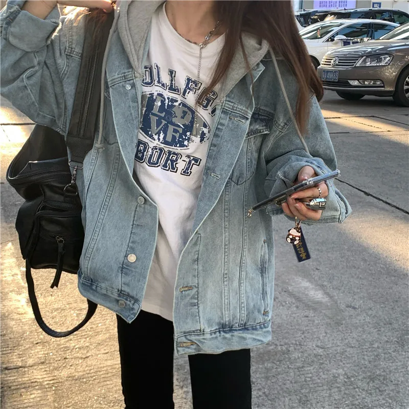 

Hooded Denim Jackets False Two Jean Coat Korean Fashion Spring Harajuku Casual Loose Warm Outerwear Streetwear Chaqueta Mujer