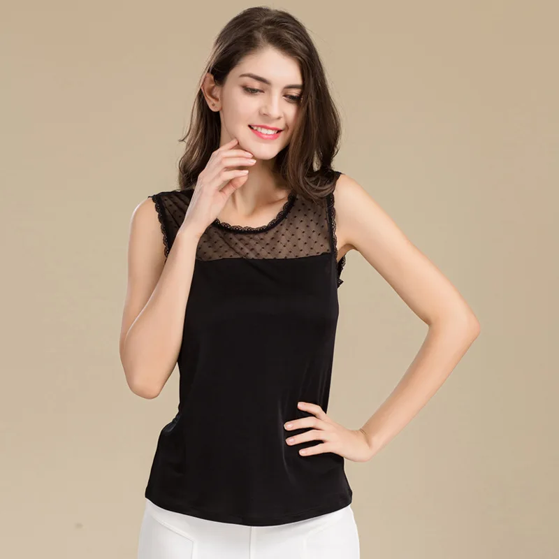 

100% Pure Silk Women's Blouses Shirts Femme Casual Sleeveless Women Lace Collar Blusa Female Tank Tops Fashion Woman Tee Shirt