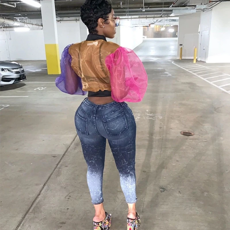 incredible  Transparent Mesh Bomber Jacket Women Autumn Short Jacket Streetwear Lantern Long Sleeve Slim Patchw