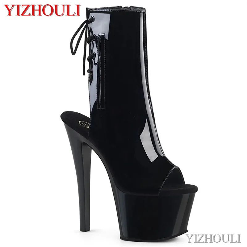 17 cm high heel ankle boots, shiny 7 inch open-toe ankle boots for sexy models, dance shoes
