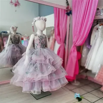 

Customized Flower Girl Dresses Silver Puffy Organza 3D Flowers Lace Kids Clothes Baby Girl Birthday Dress party pageant gowns