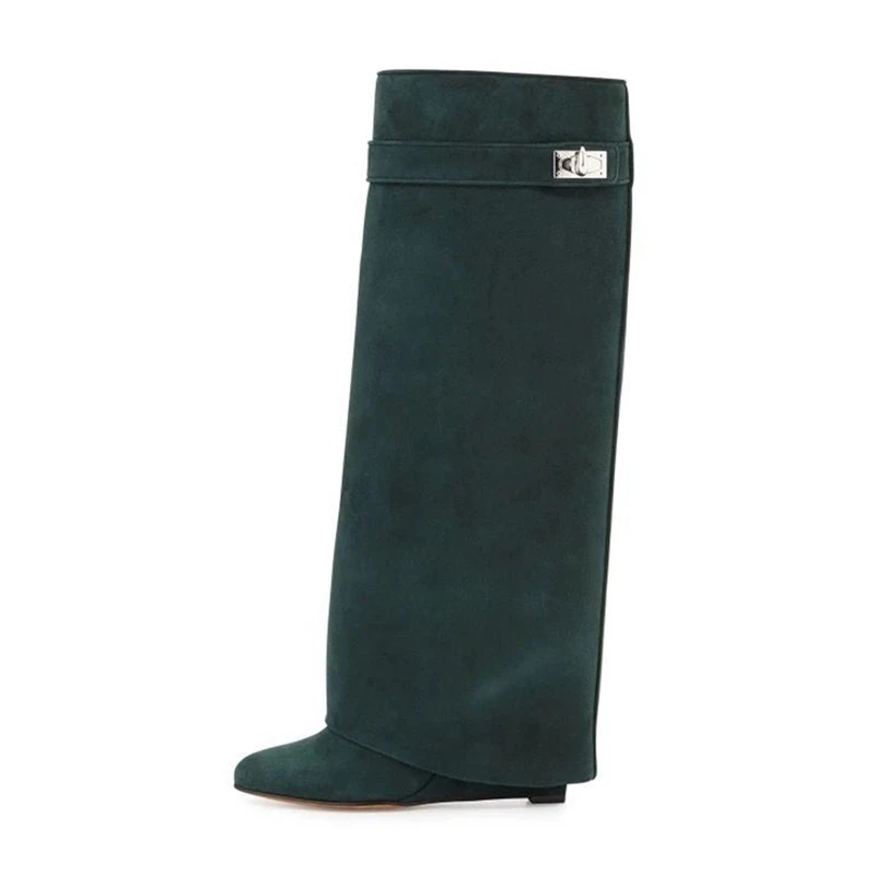 Autumn Winter New Woman Leather Botas Mujer Wedge Shark Lock Women Knee High Boots Slip-on Fold Over Lady Motorcycle Boots