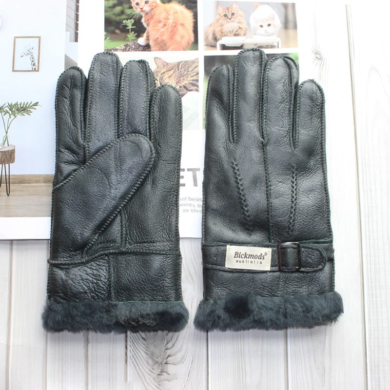 leather mittens mens New Sheepskin Fur Gloves Men's Leather Thicken Winter Warm Outdoor Windproof and Cold-proof Finger Gloves mens leather gloves for winter Gloves & Mittens