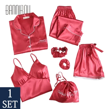 

Summer Women's Pajamas Sets 7 Pieces Stain Solid Emulation Silk Women Sleepwear Sets Spring Autumn Homewear Woman Pyjamas Sets