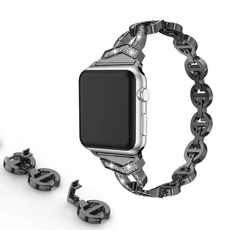 Металлический ремешок для Apple Watch из сплава и нержавеющей стали, стразы для женщин, ремешок iWatch 38 мм, ремешок iWatch 42 мм, ремешок для Apple Watch 44 мм