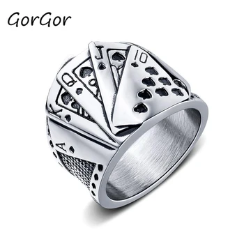 

GorGor Fashion Personality Hot Selling Magician Poker Mens Titanium Steel Hip Hop Texas Poker Flush Casting Rings 676