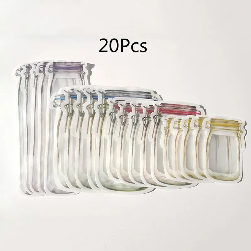 20Pcs 20 шт многоразовые бутылки Мейсон банка сумки для еды закуска молнии сумки уплотнения пищевой контейнер дорожная сумка для хранения продуктов орехи конфеты печенье мешок - Цвет: 20Pcs