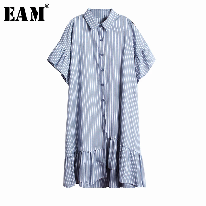 [EAM] Women Blue Striped Ruffles Irregular Long Shirt Dress New Lapel Half Sleeve Loose Fit Fashion Spring Summer 2020 1W352