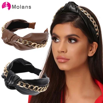 

Molans 2020 Faux Leather Knot Chain Headband New Simple PU Black Head Hoop Hair Bands Women Hair Accessories Head Bezel