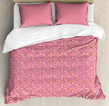 

Floral Duvet Cover Set Clutter of Spring Flowers Drawn by Hand 3 Piece Bedding Set Pastel Pink
