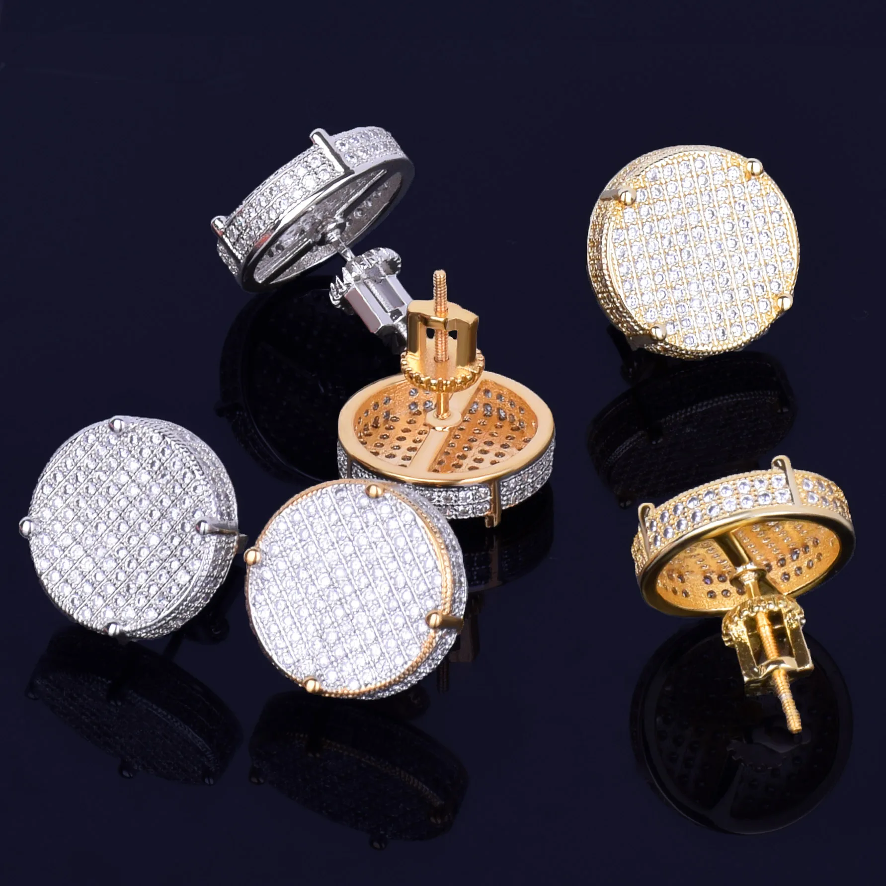 14MM Gold Color Big Round Stud Earring AAAA Cubic Zircon Screw Back Men's Earrings Fashion Hip Hop Jewelry 6