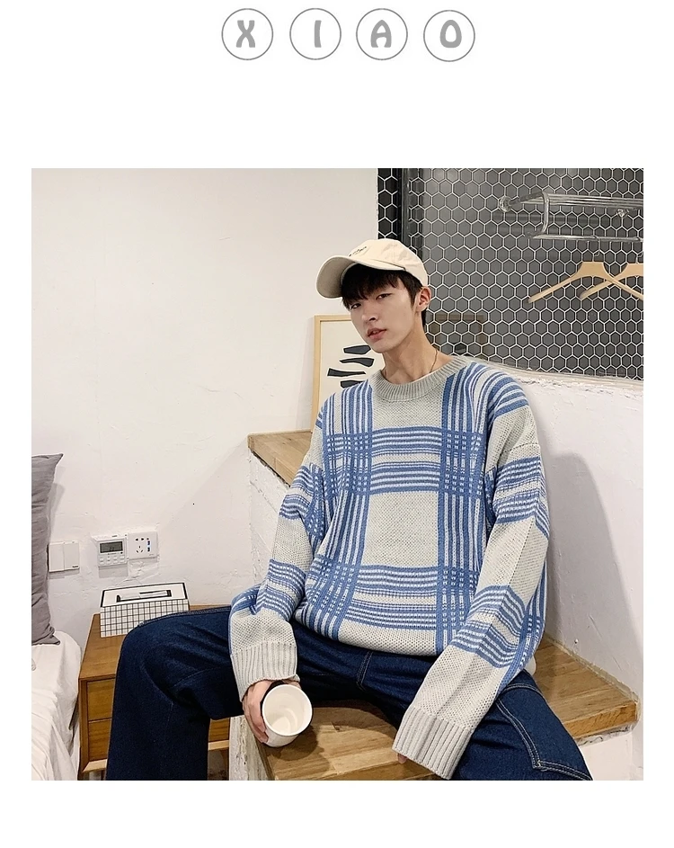 YUECHE осень-зима мужской полосатый контрастный цвет круглый вырез с длинными рукавами свитер Повседневный свободный популярно среди молодежи