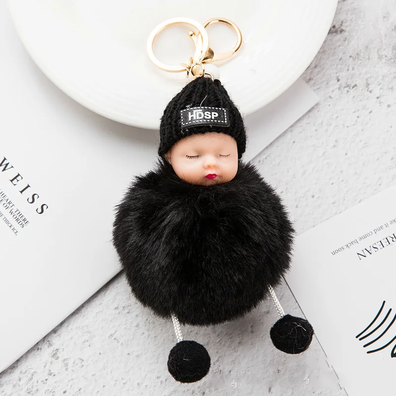 Fluffy Plush Sleeping Baby Hairball Doll Metal Keychain Various